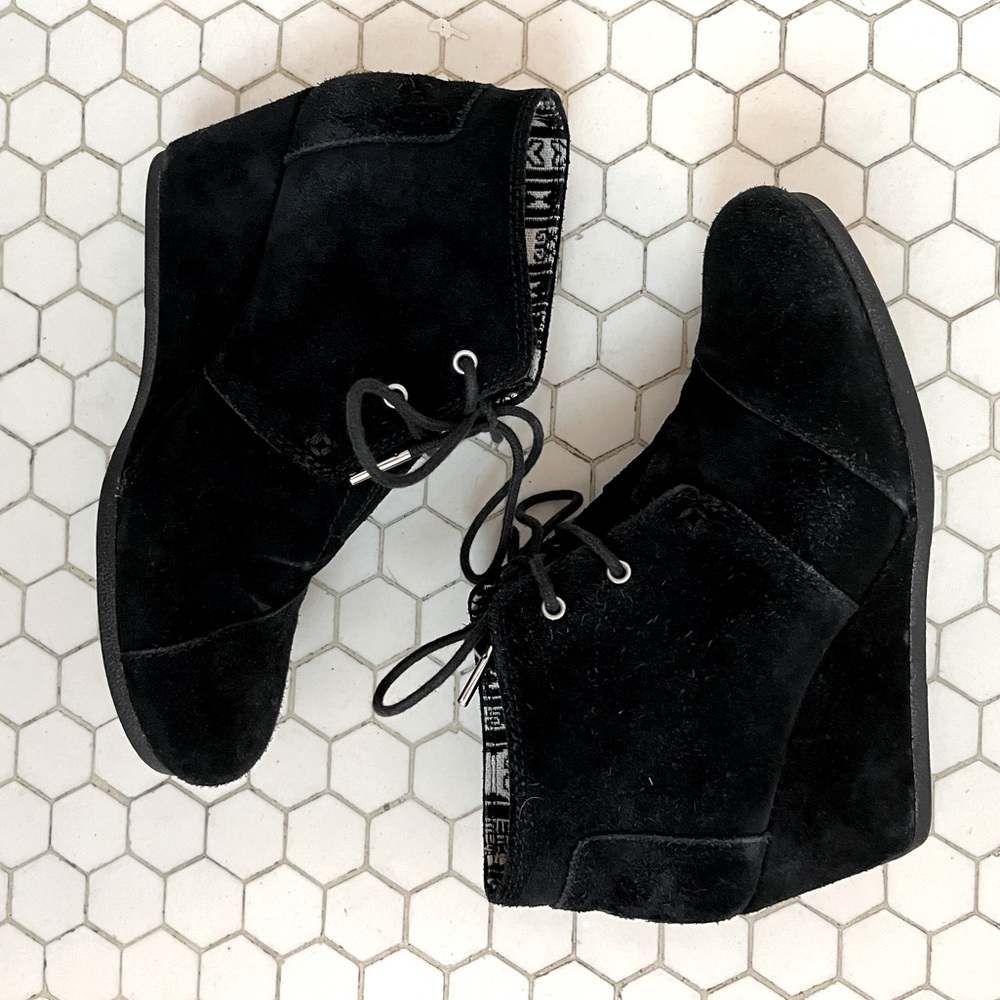 Tom’s black suede desert wedge booties